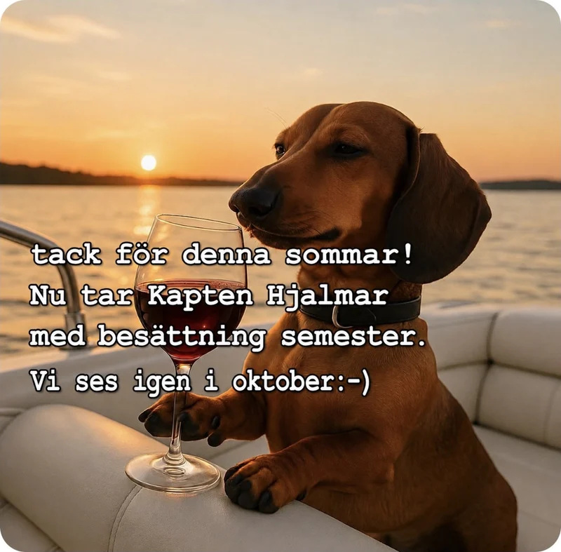 Skeppstaxen Hjalmar med ett glas vin i solnedgången. Texten lyder: Tack för denna sommar! Nu tar Kapten Hjalmar med besättning semester. Vi ses igen i oktober.